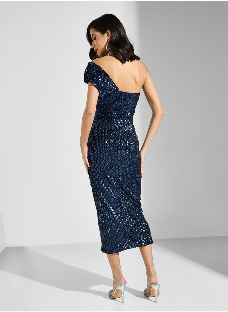 Velvet Sequin One Shoulder Twisted Detail Long Mid