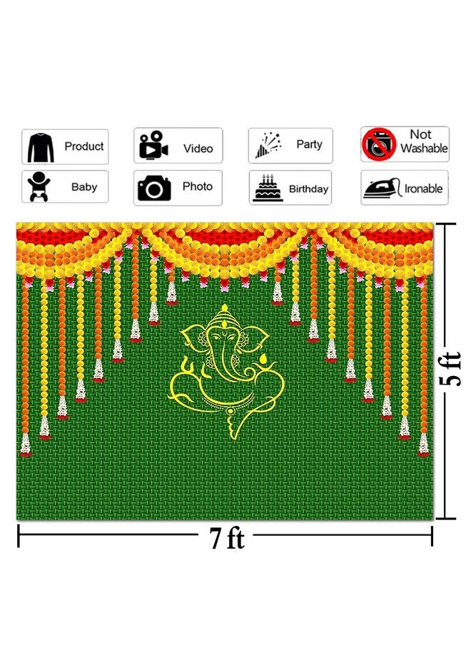 Indian Carnival Photography Backdrop 7X5Ft Green Chatiya Ganesh Background Mehndi Diwali Festival Marigold Puja Ganpati Wedding Photo Tapestry Booth Props Supplies