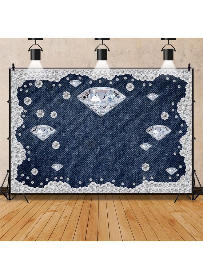 7X5Ft Vinyl Denim And Diamond Photo Background Backdrop Blue Jeans Inlaid Rhinestone Background Baby Shower Birthday Party Decorations For Men Women Photoshoot Studio Props