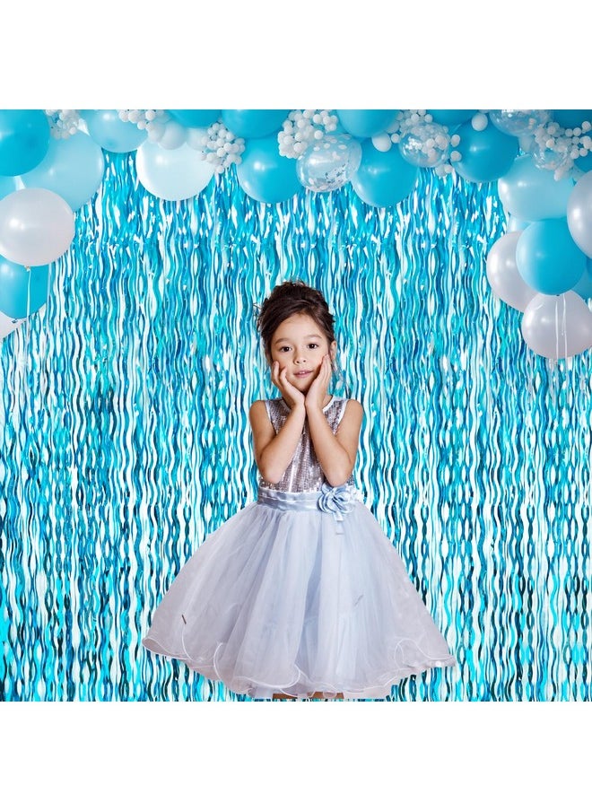 6.4 Ft X 7.8 Ft Metallic Tinsel Foil Fringe Curtains,Pack Of 2 Party Streamer Backdrop For Birthday,Graduation Decorations And New Year Eve (Wavy Light Blue)