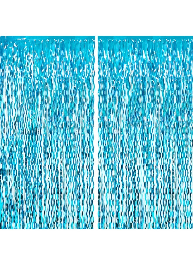 6.4 Ft X 7.8 Ft Metallic Tinsel Foil Fringe Curtains,Pack Of 2 Party Streamer Backdrop For Birthday,Graduation Decorations And New Year Eve (Wavy Light Blue)