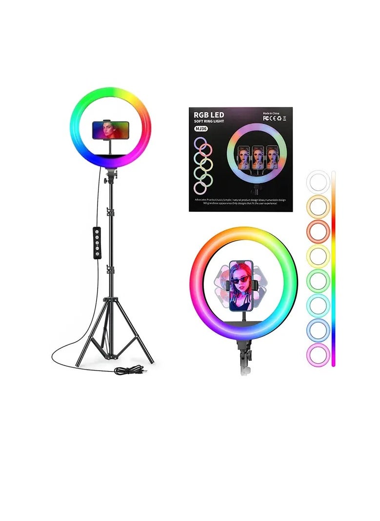 MJ-36 RGB LED Soft Ring Light With Phone Tripod Stand For Camera Smartphones Shooting Vlogging And Reels