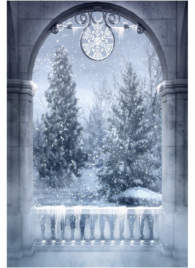 5X7Ft Christmas Night Backdrop Fantasy Winter Wonderland Photography Arch Door Stone Pillar Background Snowing Forest Backdrop Pine Trees Xmas Party Banner Kids Adults Photo Studio Props