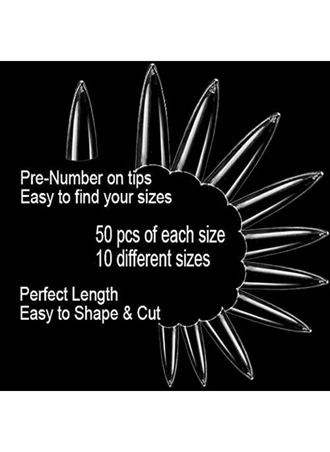 Clear Long Stiletto 500Pcs Artificial Fake Gel Nail Tips,10 Sizes With Clear Plastic Case For Nail Salon