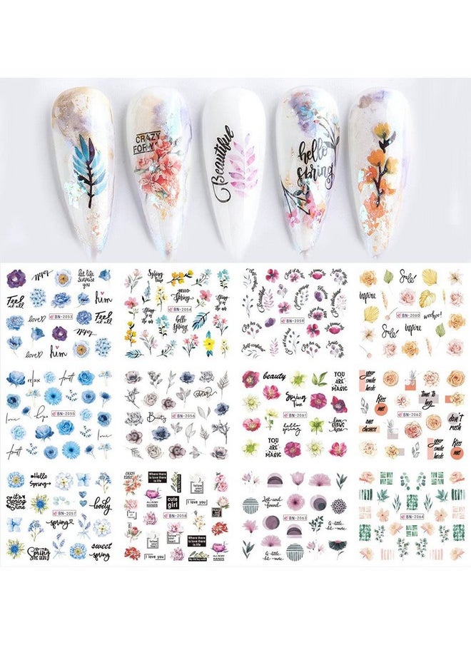 12 Sheets Water Transfer, Nail Fashion Sticker Decal, Flower Leaf Diy Manicure For Women