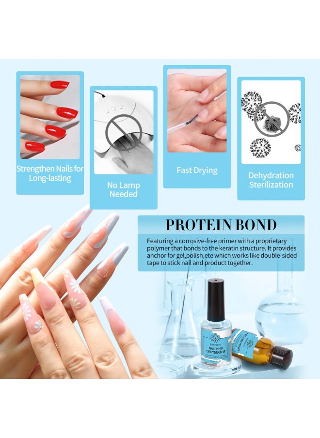 Natural Nail Prep Dehydrate and Bond Primer Acid-Free,15ml Dehydrator for Acrylic and Gel Nail Polish, Non Acid Primer for UV Gels Fast Dry Superior Bonding Agent Gift Box Set