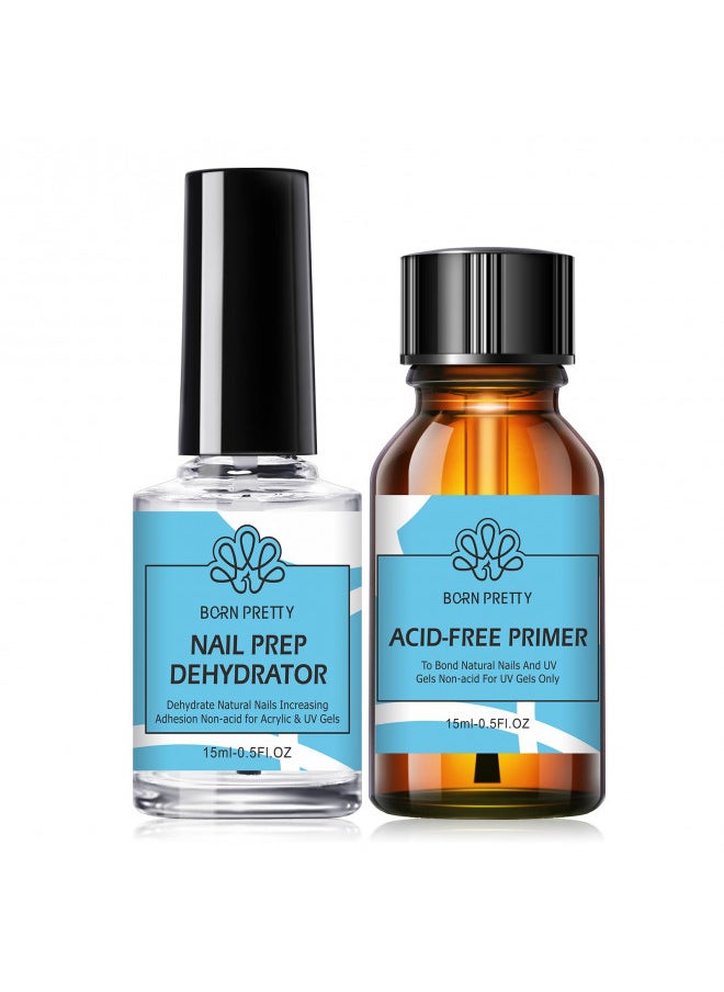Natural Nail Prep Dehydrate and Bond Primer Acid-Free,15ml Dehydrator for Acrylic and Gel Nail Polish, Non Acid Primer for UV Gels Fast Dry Superior Bonding Agent Gift Box Set
