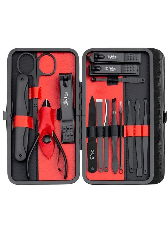 Professional Manicure Set 15 Pcs,Stainless Steel Nail Clippers Scissors Cuticle Nipper Pedicure Tools Kit - Portable Travel Grooming Kit For Men And Women With Luxurious Case Red