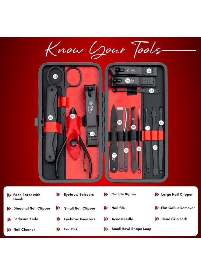 Professional Manicure Set 15 Pcs,Stainless Steel Nail Clippers Scissors Cuticle Nipper Pedicure Tools Kit - Portable Travel Grooming Kit For Men And Women With Luxurious Case Red