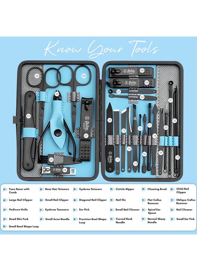 Manicure Set Nail Clippers Sets Stainless Steel Nail Cutter 25 Pieces Pedicure Kit Nail File Sharp Nail Scissors And Clipper Fingernails & Toenails With Portable Case Blue