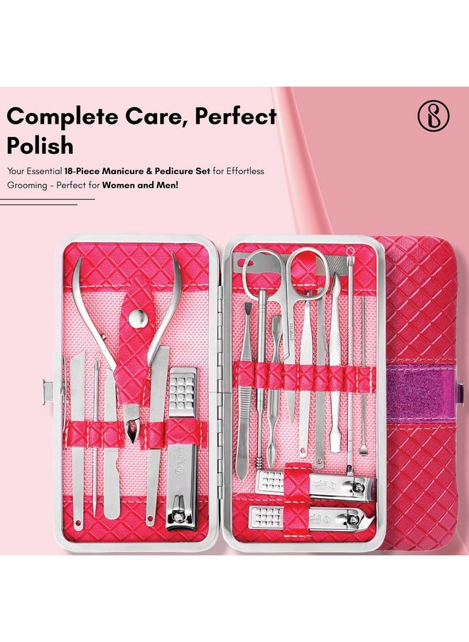 Essentials 18 Pieces Manicure Kit, Pedicure Tools For Feet, Nail Clipper, Ear Pick Tweezers, Manicure Pedicure Set For Women And Men (Pink)