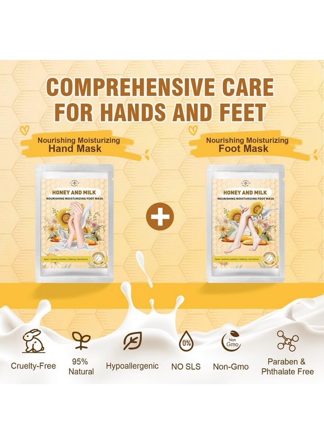 Hydrating Hand And Foot Mask, 3 Foot & 3 Hand Mask, Hand And Foot Care After Pedicure, Moisturizing Socks For Dry, Cracked Heel, Foot Spa, Honey & Milk, Vitamin E