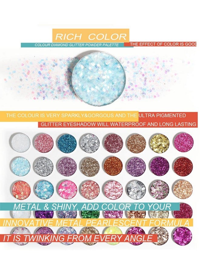 40 Colors Pressed Chunky Glitter Eyeshadow Palette, Self Adhesive Glue Gel Glitter Highly Pigmented Colourful Shimmer Glitter Eye Shadow Pallet For Women Girls Long Lasting Sparkle Makeup
