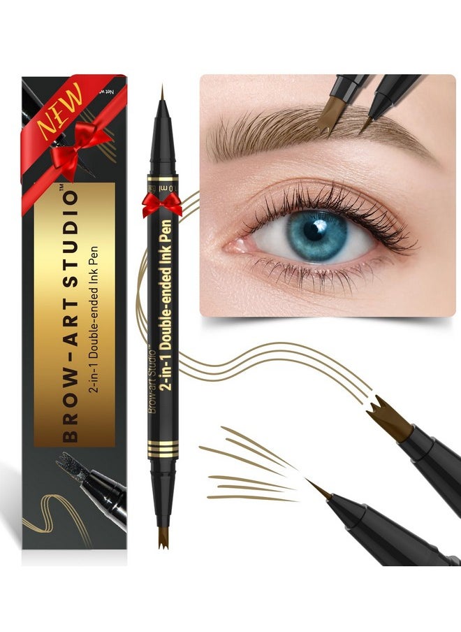 Microblading Eyebrow Pencil - Brow Pencil 2-In-1 Dual-Ended Eyebrow Pen With 3-Prong Micro-Fork-Tip Applicator And Precise Brush-Tip Create Natural-Looking Brows, Stay On All Day, Light Brown