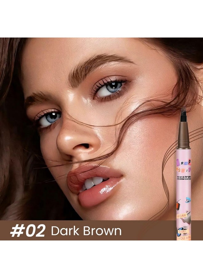 Suake 2Pcs Medium Dark Brown Microblading Eyebrow Contouring Pen Brow Pencil With Hair Like Strokes, 4 Tipped Precise Brow Pencil With Brush Micro-Fork Tips Applicator, Natural Looking Brows