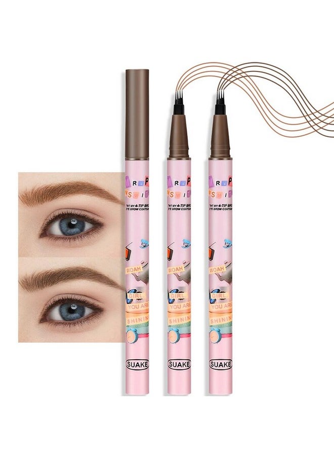 Suake 2Pcs Medium Dark Brown Microblading Eyebrow Contouring Pen Brow Pencil With Hair Like Strokes, 4 Tipped Precise Brow Pencil With Brush Micro-Fork Tips Applicator, Natural Looking Brows