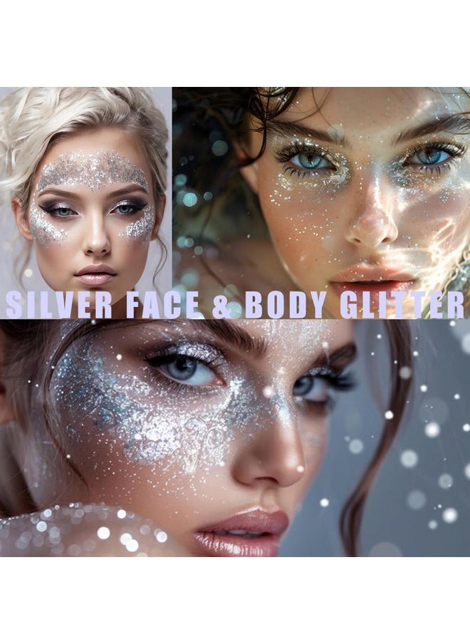 Silver Face Glitter Gel,Halloween Rave Accessories,Singer Concerts Body Glitter Gel,Music Festival Hair Sequins Face Glitter Paint Makeup,Sparkling Chunky Glitter For Women,50Ml
