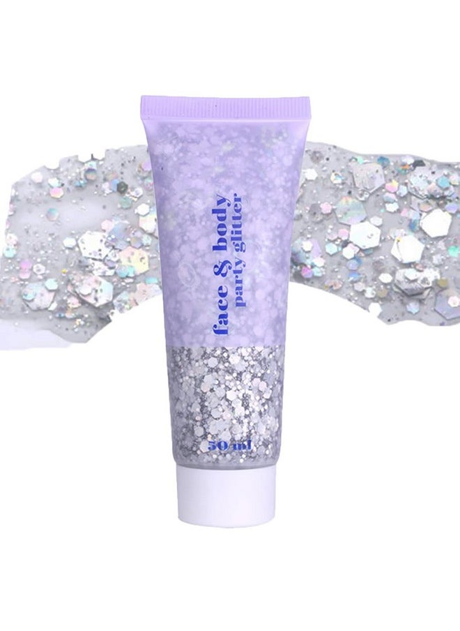 Silver Face Glitter Gel,Halloween Rave Accessories,Singer Concerts Body Glitter Gel,Music Festival Hair Sequins Face Glitter Paint Makeup,Sparkling Chunky Glitter For Women,50Ml