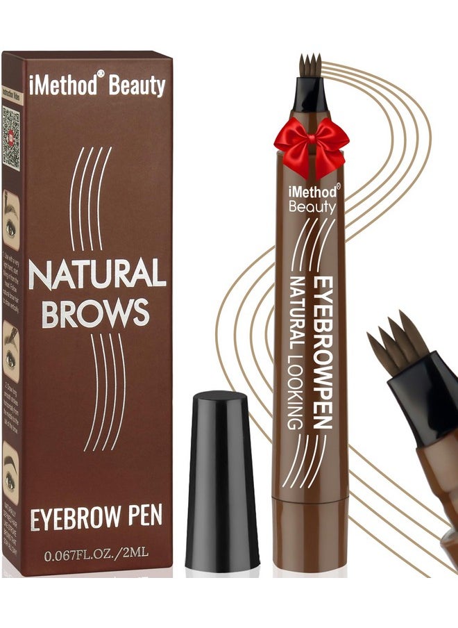 Microblading Eyebrow Pen - Eyebrow Pencil Magical Upgraded Eye Brow Pencils For Women With 4 Fork Tip & Spoolie Brush For Natural-Looking Hair-Like Defined Brows, Last All-Day, Light Brown