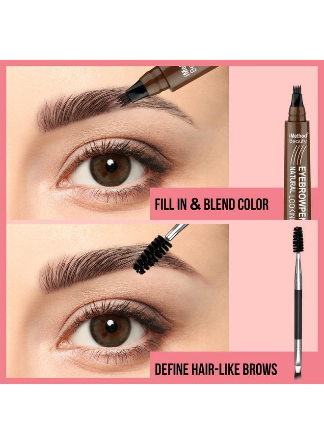 Microblading Eyebrow Pen - Eyebrow Pencil Magical Upgraded Eye Brow Pencils For Women With 4 Fork Tip & Spoolie Brush For Natural-Looking Hair-Like Defined Brows, Last All-Day, Light Brown