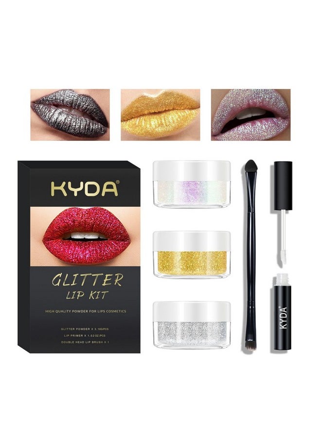 3 Colors Glitter Lip Kit, Diamond And Glitter Metallic Lip Powder With Lip Primer, Waterproof Long Lasting & Smudge Proof, Glitter Shimmer Sparkly Lip Cosmetic Without Sticky Flake Off Set D