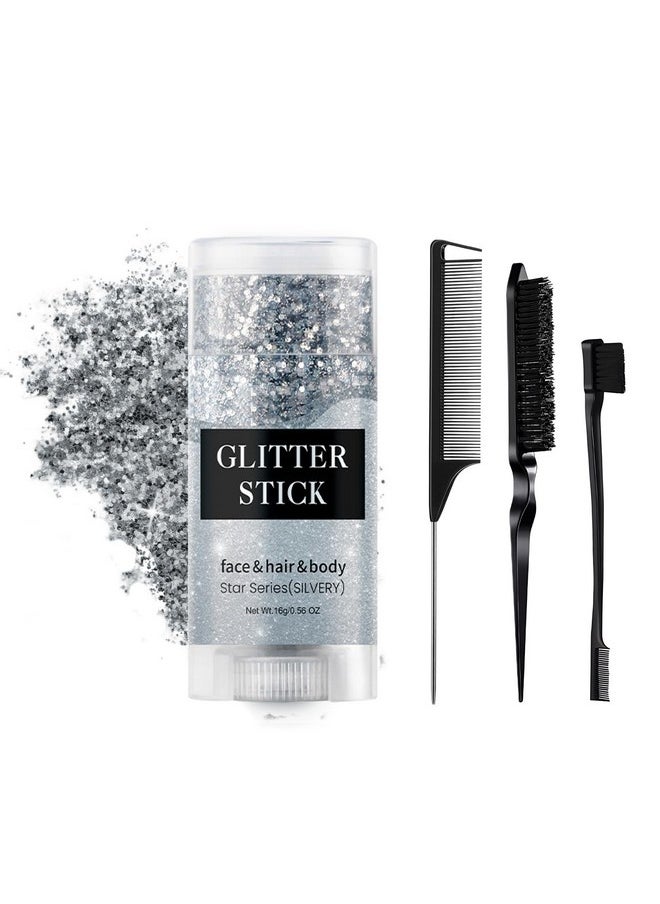 Sparkling Glitter Stick, Sweatproof Hair Glitter Gel, Instant Adhesion Silver Body Glitter Pocekt Size Silver Face Glitter For Kids Women 0.56 Oz.(Silver)