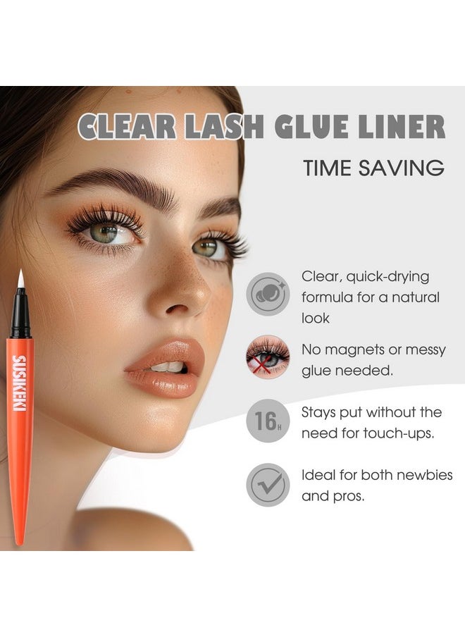 Lash Glue Liner Set 2-In-1 Black Eyelash Glue & Eyeliner+Clear Lash Glue Liner+3 Pairs 3D Natural False Eyelashes Kit Long-Lasting Waterproof Quick-Dry Strong Hold Felt Tip Pen Lash Adhesive