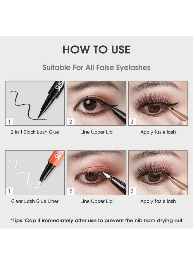 Lash Glue Liner Set 2-In-1 Black Eyelash Glue & Eyeliner+Clear Lash Glue Liner+3 Pairs 3D Natural False Eyelashes Kit Long-Lasting Waterproof Quick-Dry Strong Hold Felt Tip Pen Lash Adhesive