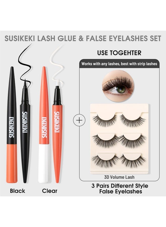 Lash Glue Liner Set 2-In-1 Black Eyelash Glue & Eyeliner+Clear Lash Glue Liner+3 Pairs 3D Natural False Eyelashes Kit Long-Lasting Waterproof Quick-Dry Strong Hold Felt Tip Pen Lash Adhesive