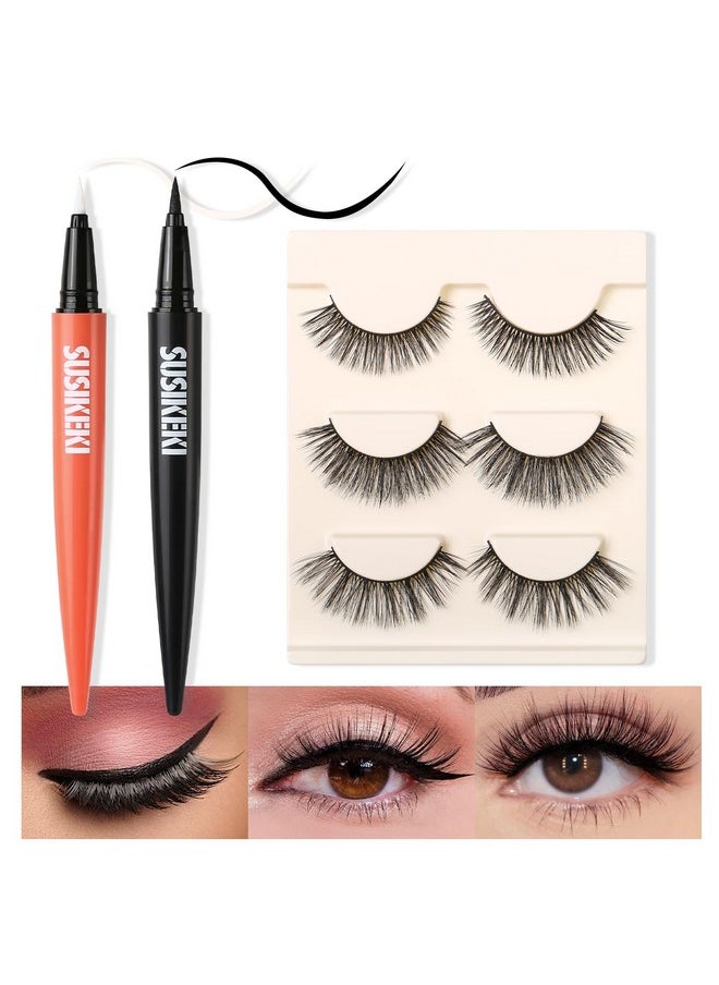 Lash Glue Liner Set 2-In-1 Black Eyelash Glue & Eyeliner+Clear Lash Glue Liner+3 Pairs 3D Natural False Eyelashes Kit Long-Lasting Waterproof Quick-Dry Strong Hold Felt Tip Pen Lash Adhesive