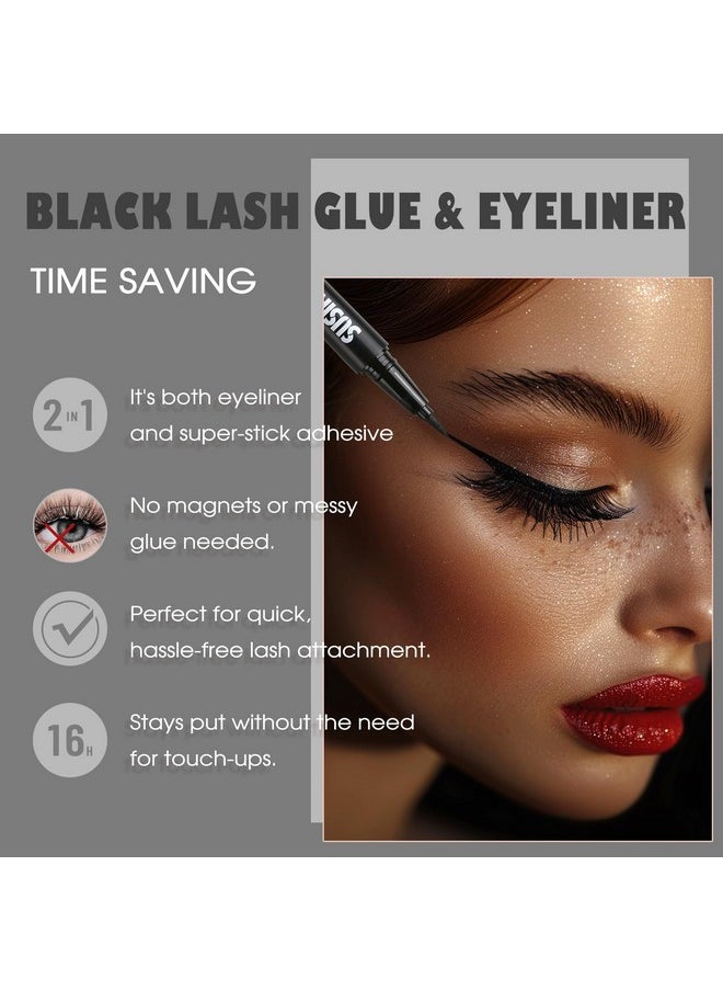 Lash Glue Liner Set 2-In-1 Black Eyelash Glue & Eyeliner+Clear Lash Glue Liner+3 Pairs 3D Natural False Eyelashes Kit Long-Lasting Waterproof Quick-Dry Strong Hold Felt Tip Pen Lash Adhesive