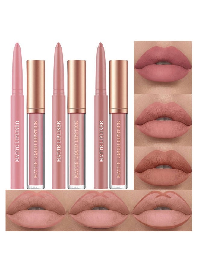 6Pcs Nude Lip Liner And Lipstick Makeup Set, 3 Velvety Matte Liquid Lipsticks + 3 Matching Smooth Lip Liner One Step Lips Makeup Kits Waterproof Long Lasting Matte Lipstick Gift Setlip Liner And Lipstick (Set E, 6)