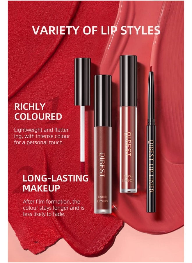 3Pcs Violet Deep Purple Matte Liquid Lipstick, Lip Liner, Lip Gloss Trio Lip Set - One Step Lips Makeup Kits Waterproof Long-Lasting Moisturizing Velvety Nude Lip Stain Make Up Gift Set (8#)