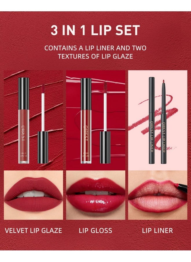 3Pcs Violet Deep Purple Matte Liquid Lipstick, Lip Liner, Lip Gloss Trio Lip Set - One Step Lips Makeup Kits Waterproof Long-Lasting Moisturizing Velvety Nude Lip Stain Make Up Gift Set (8#)