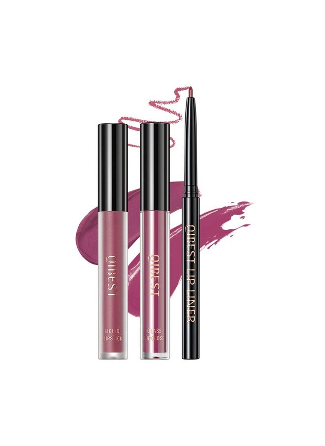 3Pcs Violet Deep Purple Matte Liquid Lipstick, Lip Liner, Lip Gloss Trio Lip Set - One Step Lips Makeup Kits Waterproof Long-Lasting Moisturizing Velvety Nude Lip Stain Make Up Gift Set (8#)