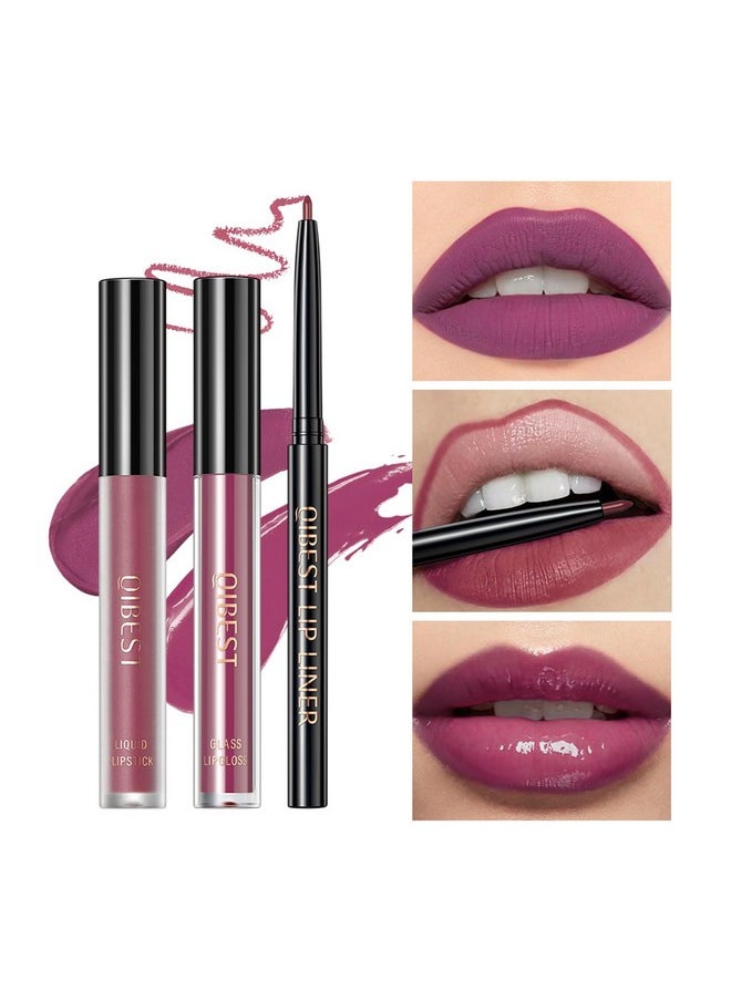 3Pcs Violet Deep Purple Matte Liquid Lipstick, Lip Liner, Lip Gloss Trio Lip Set - One Step Lips Makeup Kits Waterproof Long-Lasting Moisturizing Velvety Nude Lip Stain Make Up Gift Set (8#)