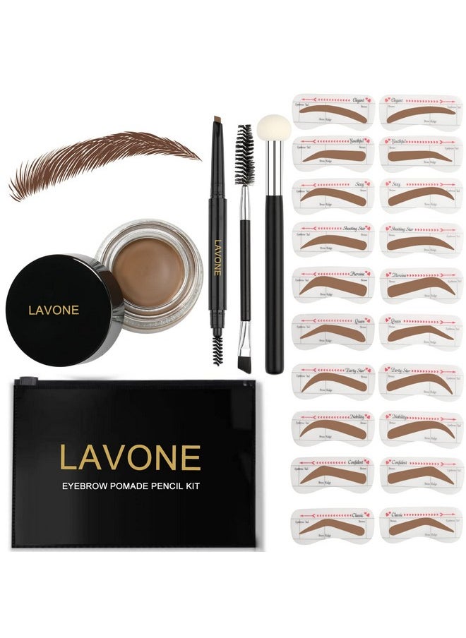 Eyebrow Stamp Stencil Kit, Brow Stamp Trio Kit With Waterproof Eyebrow Pencil, Pomade, 20 Eyebrow Stencils, Dual-Ended Eyebrow Brush And Sponge Applicator - Soft Brown