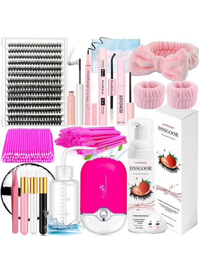 Diy Lash Extension Kit With 280 Pcs 9-16Mm 40D Lashes Clusters 200Ml/6.7Fl.Oz Lash Cleanser Eyelash Shampoo Mini Usb Portable Lash Fan Bond And Seal Remover Eyeliner Eyelid Cleaning Brush