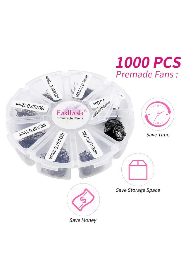 1000 Fans 10D Premade Volume Eyelash Extensions Mixed Tray Premade Fans Eyelash Extensions D Curl Premade Lash Fans Pointed Handmade Promade Loose Fans Thin Base (10D-0.07D,9-16Mm)