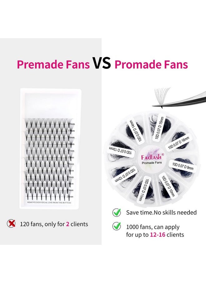 1000 Fans 10D Premade Volume Eyelash Extensions Mixed Tray Premade Fans Eyelash Extensions D Curl Premade Lash Fans Pointed Handmade Promade Loose Fans Thin Base (10D-0.07D,9-16Mm)