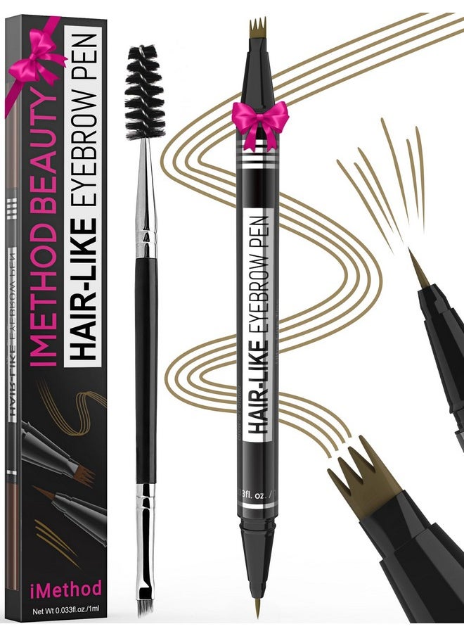 Eyebrow Pen - Eyebrow Pencil Magical 2-In-1 Eye Brow Pencils For Women With 4-Fork-Tip & Precise Brush-Tip Create Natural Hair-Like Brows, Last All-Day, Microblading Eyebrow Pen, Light Brown