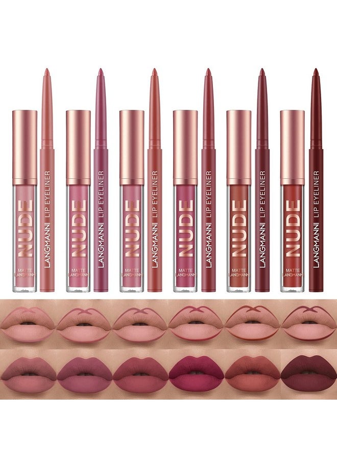 12Pcs Lip Liner And Lipstick Set, 6 Velvety Matte Liquid Lipsticks + 6 Matching Smooth Lip Liner One Step Lips Long Lasting Waterproof Makeup Kits Gift Set