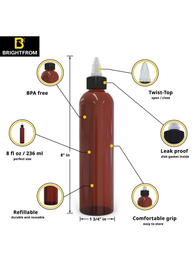 Twist Top Applicator Bottles, 8 Oz, Squeeze Empty Plastic Bottles, Black Nozzle, Bpa-Free, Pet, Refillable, Open/Close Nozzle - Multi Purpose (Amber)