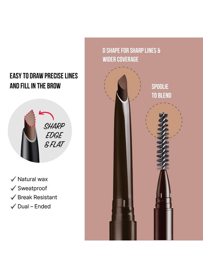 Professional Eyebrow Pencil, D-Shape Design For Line & Fill, Dual-Sided Retractable Brow Definer With Spoolie, Silky Smooth Texture, Cruelty-Free (Deep Dark Brown)