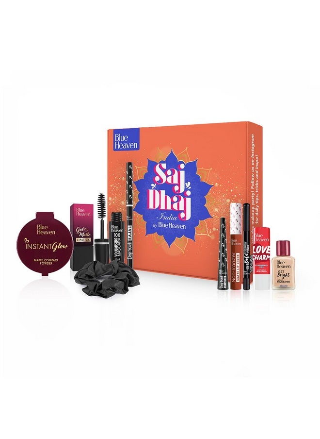 Saj Dhaj Festive Makeup Kit For Women- Natural, Pack Of 10 | Full Face Makeup Kit, Medium Tone Combo, 19G+26.3Ml