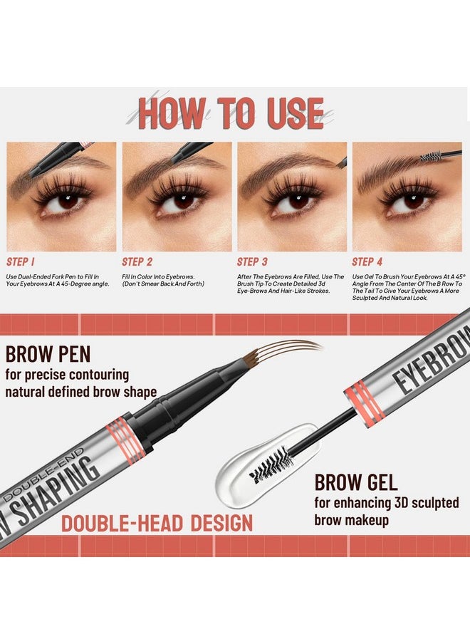 Microblading Eyebrow Pen, Eyebrow Pencil With 4-Fork Tip & Shaping Brow Gel, Waterproof 2-In-1 Dual-Ended Eye Brow Pencils For Women & Brow Glue Makeup Kit For Natural-Looking Brows Makeup,Grey