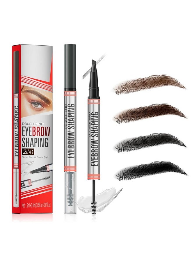 Microblading Eyebrow Pen, Eyebrow Pencil With 4-Fork Tip & Shaping Brow Gel, Waterproof 2-In-1 Dual-Ended Eye Brow Pencils For Women & Brow Glue Makeup Kit For Natural-Looking Brows Makeup,Grey