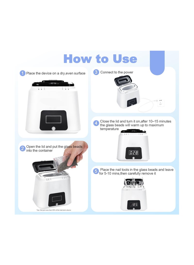 Nail Sterilizer Tool Electric, High-Temperature Nail Sterilizer, Portable 365℉ White Sterilizer Tool, Autoclave Sterilizers with Glass Beads, to Sterilize Any Metal Tools More Efficient and Safe