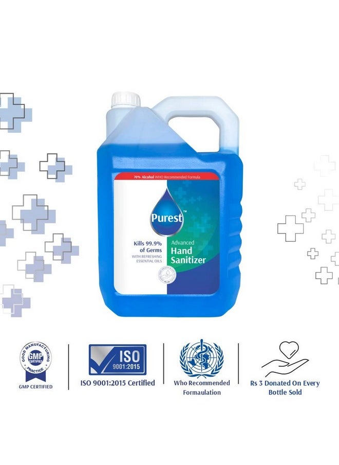 Advanced Blue Liquid Sanitizer Hand Sanitizer 68% Alcohol-Based Kills 99.9% Of Germs Without Soap And Water 5 Litre Net 5000 Ml Refill Pack Can, (Who Recommended Formula)