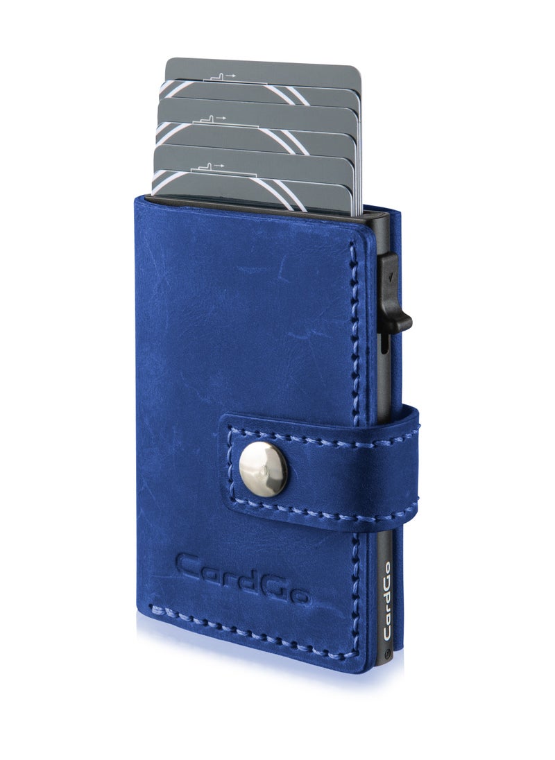 CardGo Leather Wallet Blue: Stylish handcrafted RFID-protected slim cardholder with quick-access mechanism, premium leather, compact design, and gift packaging